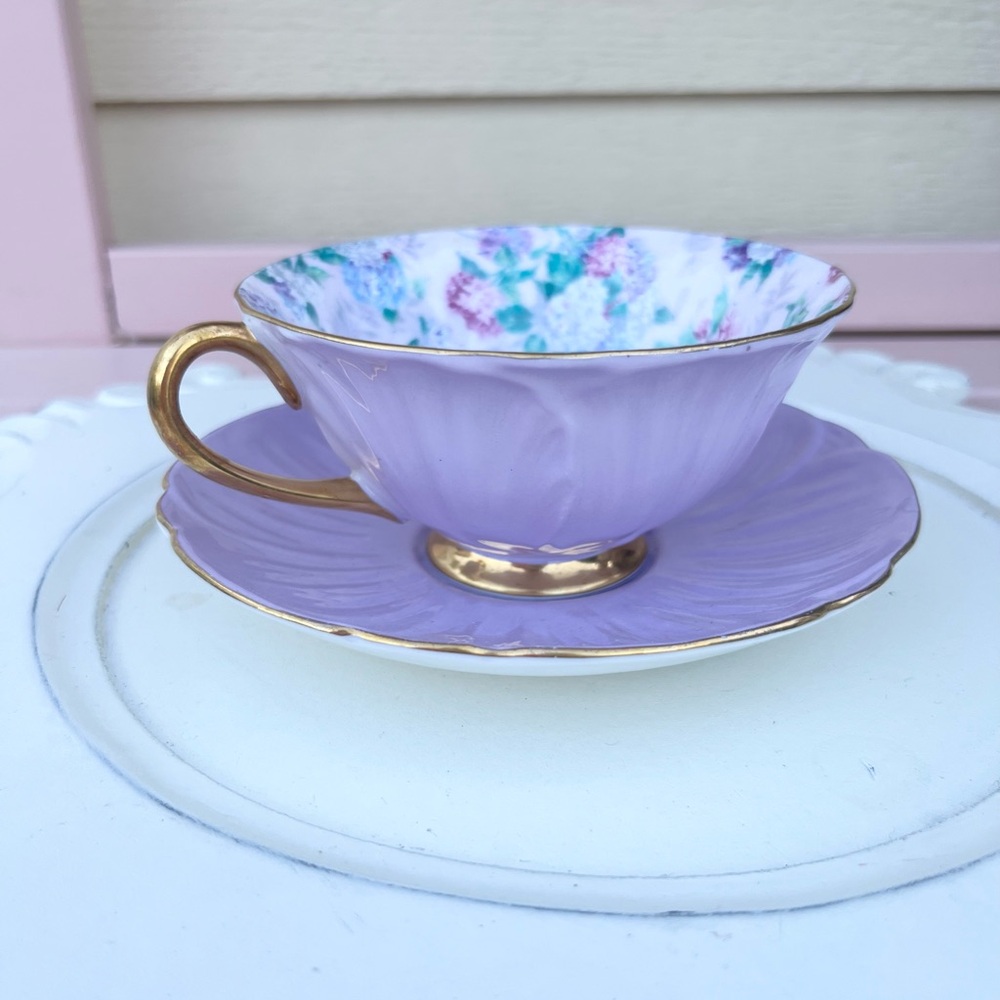 Vintage Shelley lilac lavender footed gold trim teacup and saucer